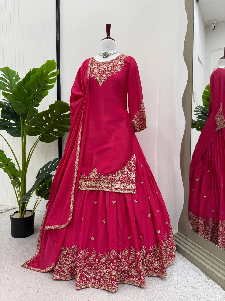 Ceremony Wear Pink Color Soft Chinon Silk Beautiful Thread Embroidery With Sequin Work Lehenga Suit
