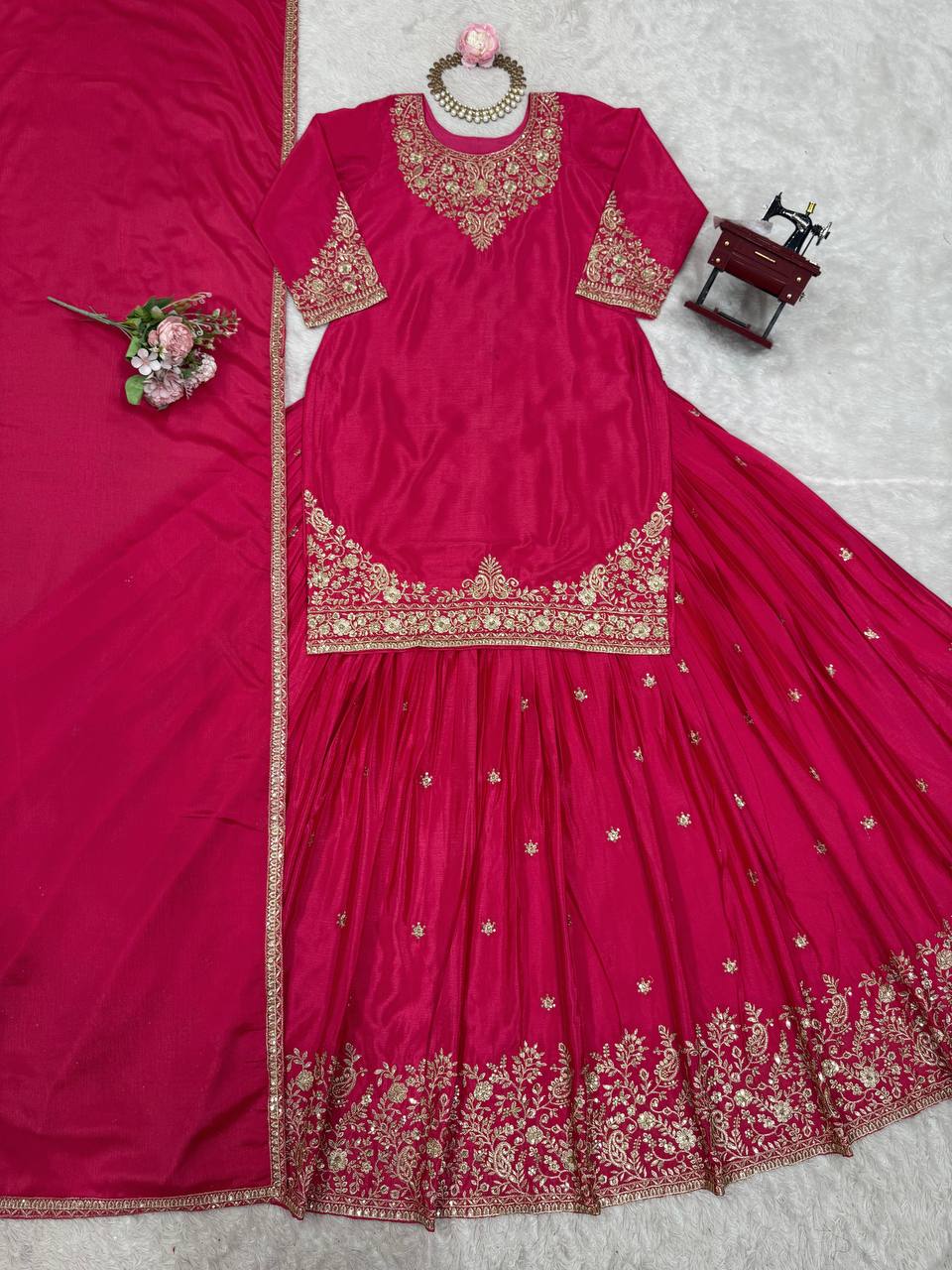 Ceremony Wear Pink Color Soft Chinon Silk Beautiful Thread Embroidery With Sequin Work Lehenga Suit
