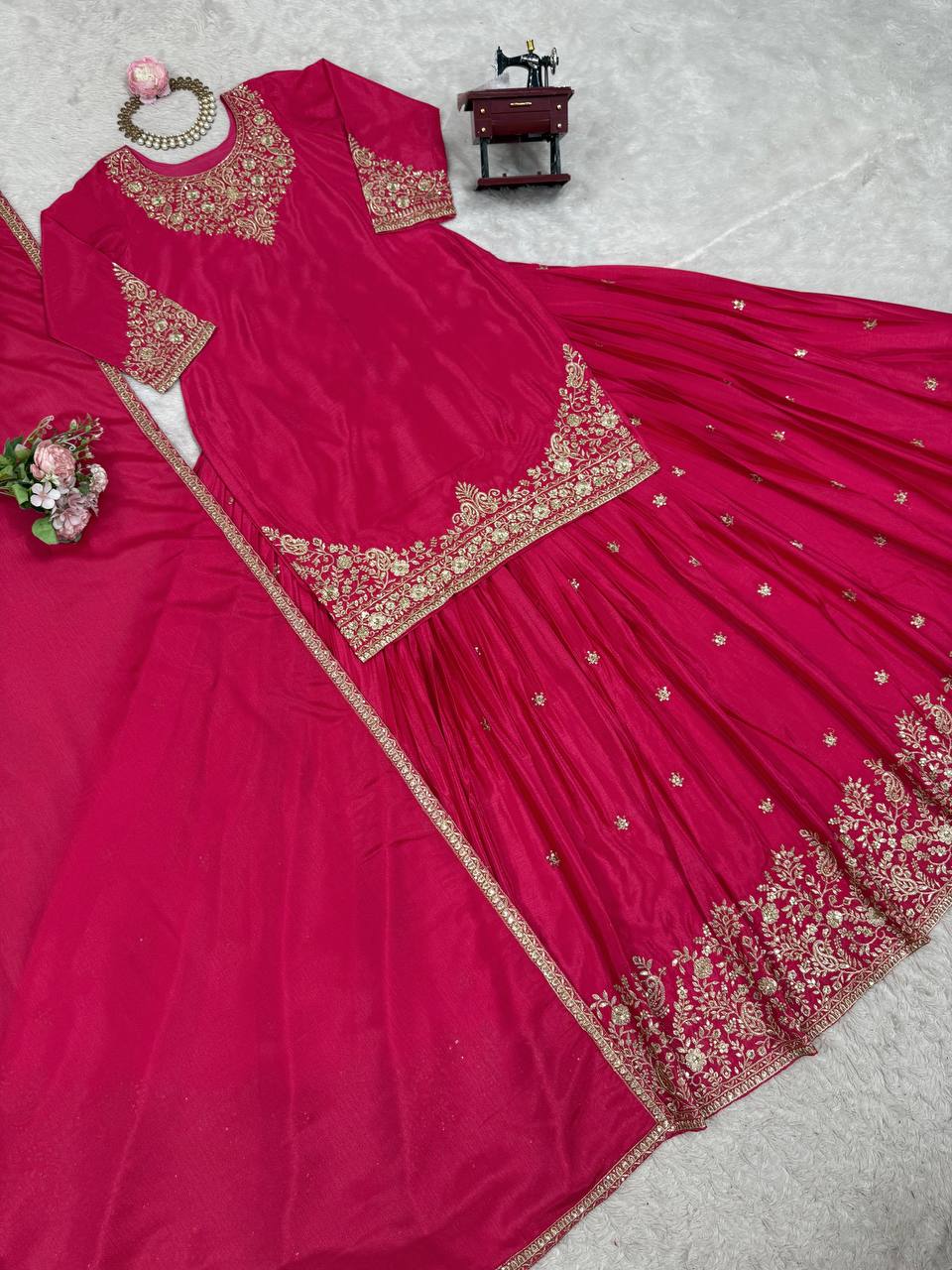 Ceremony Wear Pink Color Soft Chinon Silk Beautiful Thread Embroidery With Sequin Work Lehenga Suit