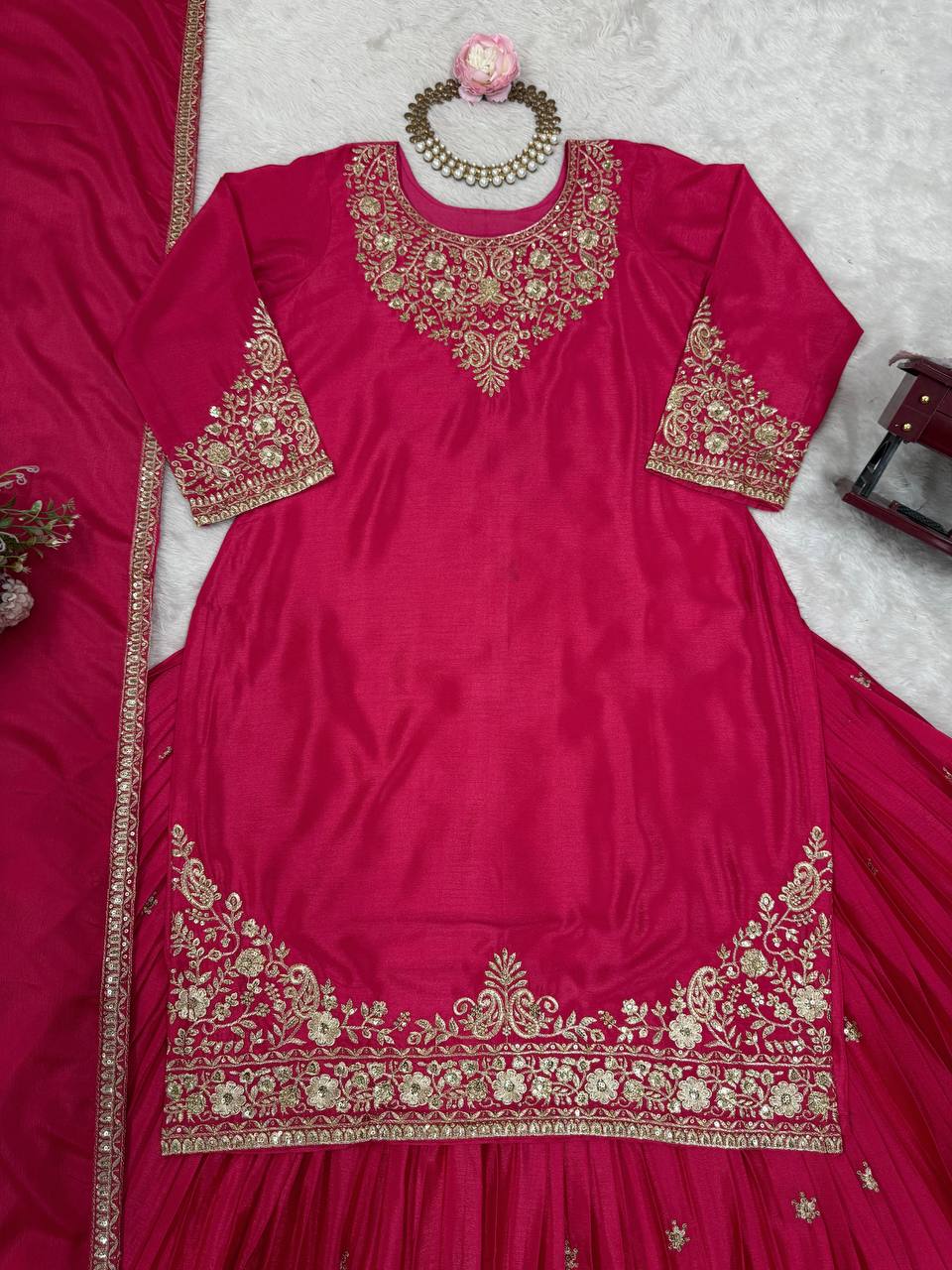 Ceremony Wear Pink Color Soft Chinon Silk Beautiful Thread Embroidery With Sequin Work Lehenga Suit