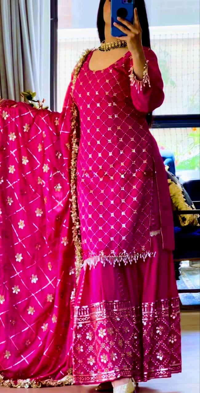 Premium Designer Pink Color Sequins Embroidered Festive and Wedding Wear Sharara Suit