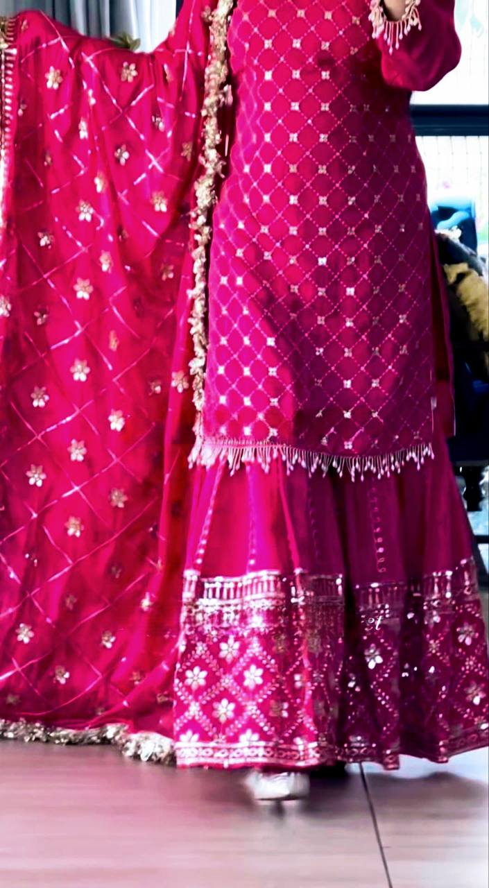 Premium Designer Pink Color Sequins Embroidered Festive and Wedding Wear Sharara Suit