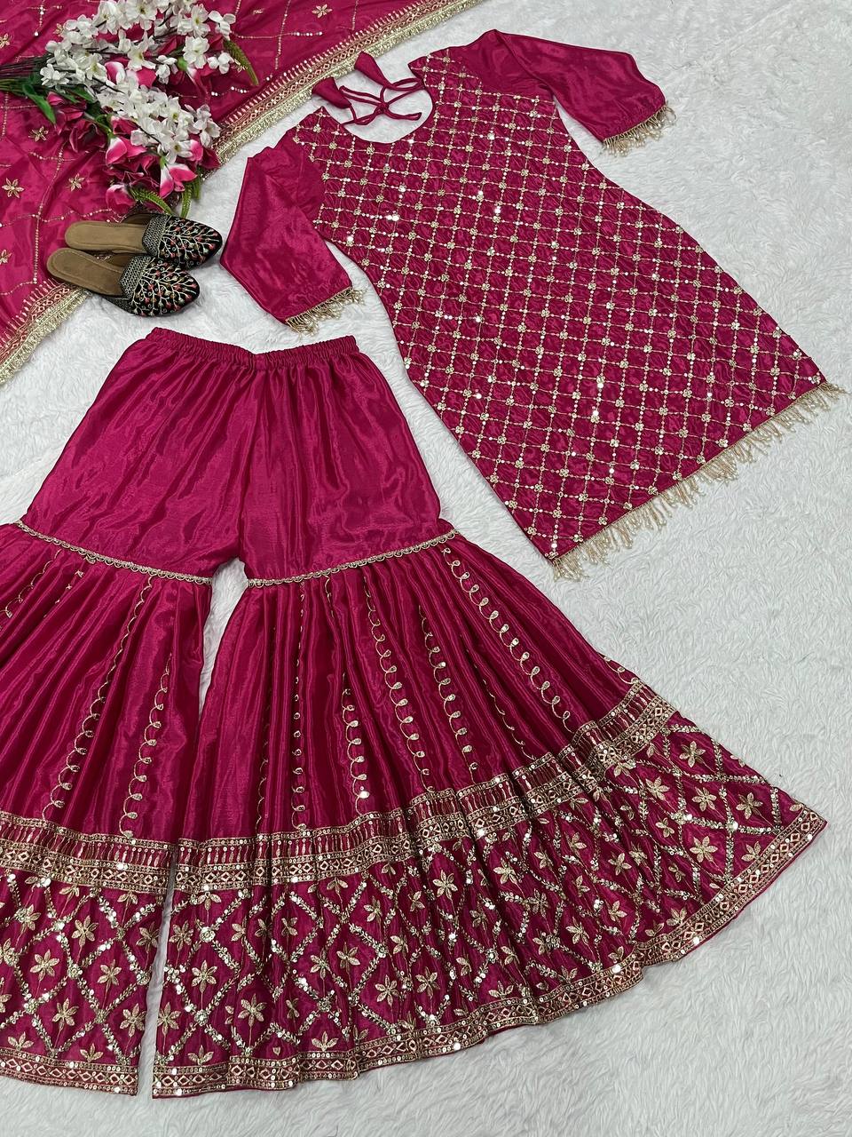 Premium Designer Pink Color Sequins Embroidered Festive and Wedding Wear Sharara Suit
