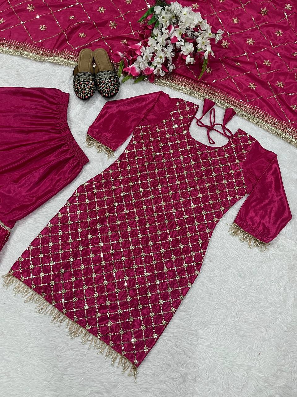 Premium Designer Pink Color Sequins Embroidered Festive and Wedding Wear Sharara Suit