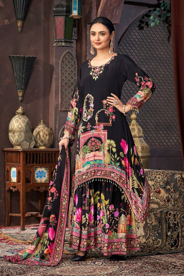 Wedding Wear Black Color Heavy Faux Georgette Digital Printed With Real Mirror Work Palazzo Suit