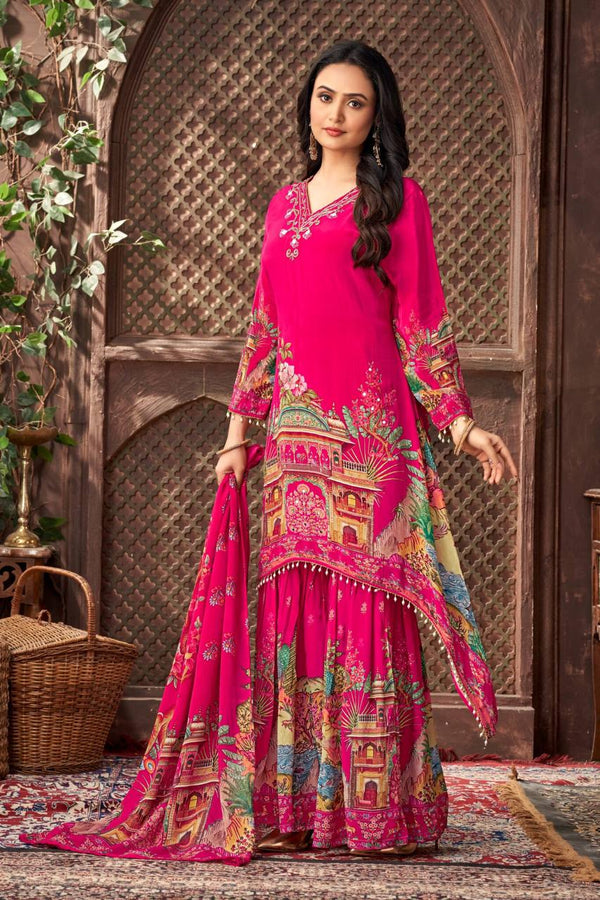 Party Wear Pink Color Heavy Faux Georgette Digital Printed With Real Mirror Work Palazzo Suit