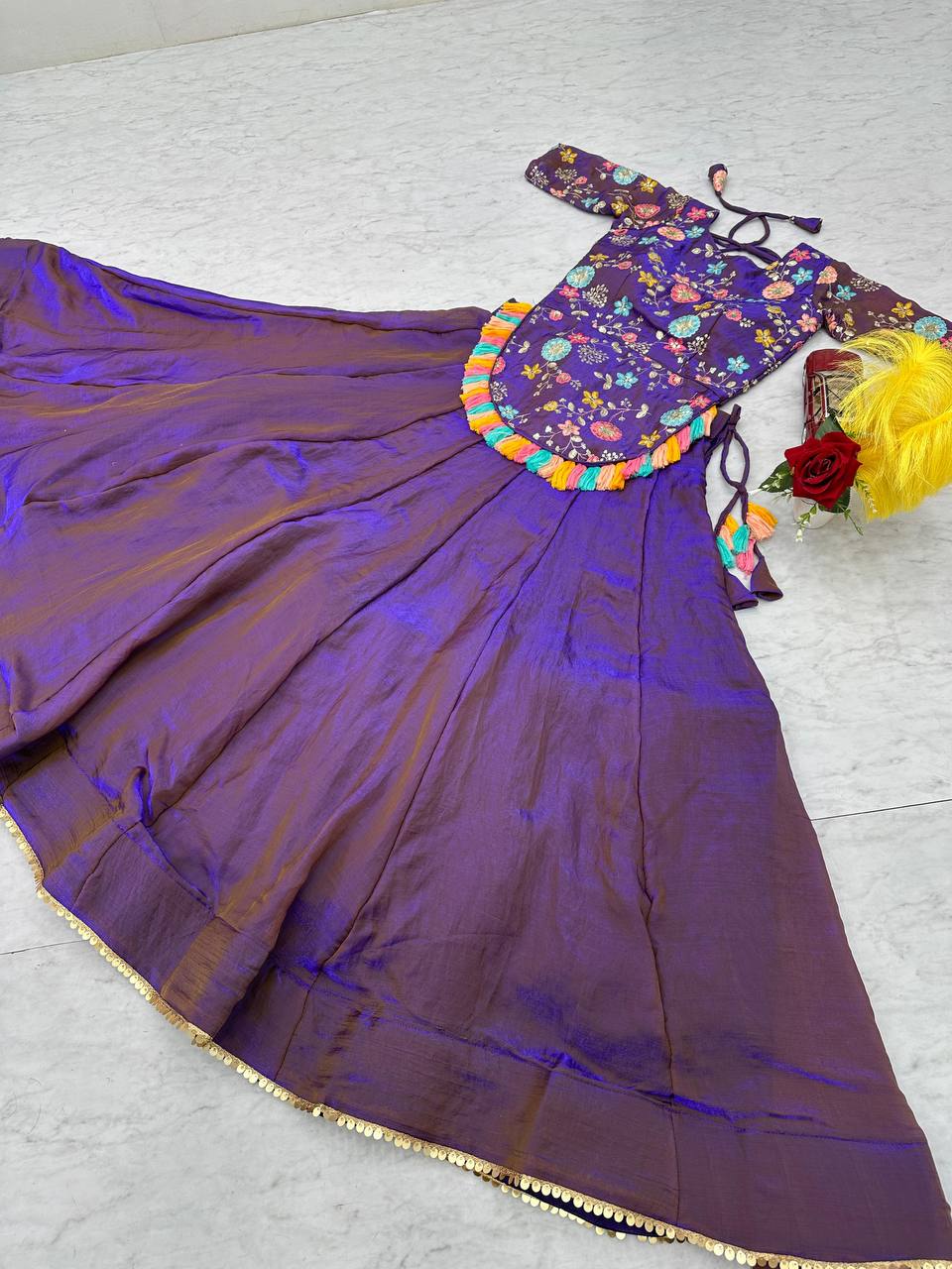 Traditional Wear Purple Color Pure Fendy Heavy Thread And Sequence Embroidery Work Lehenga Choli