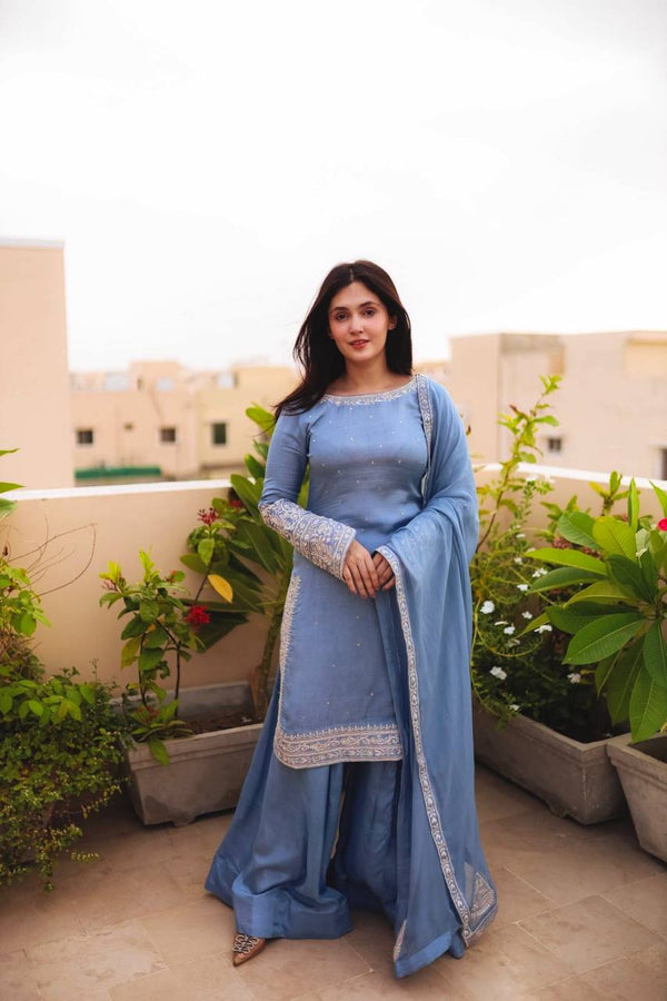Party Wear Sky Blue Color Heavy Faux Georgette With 5mm Embroidery Sequin Work Palazzo Suit