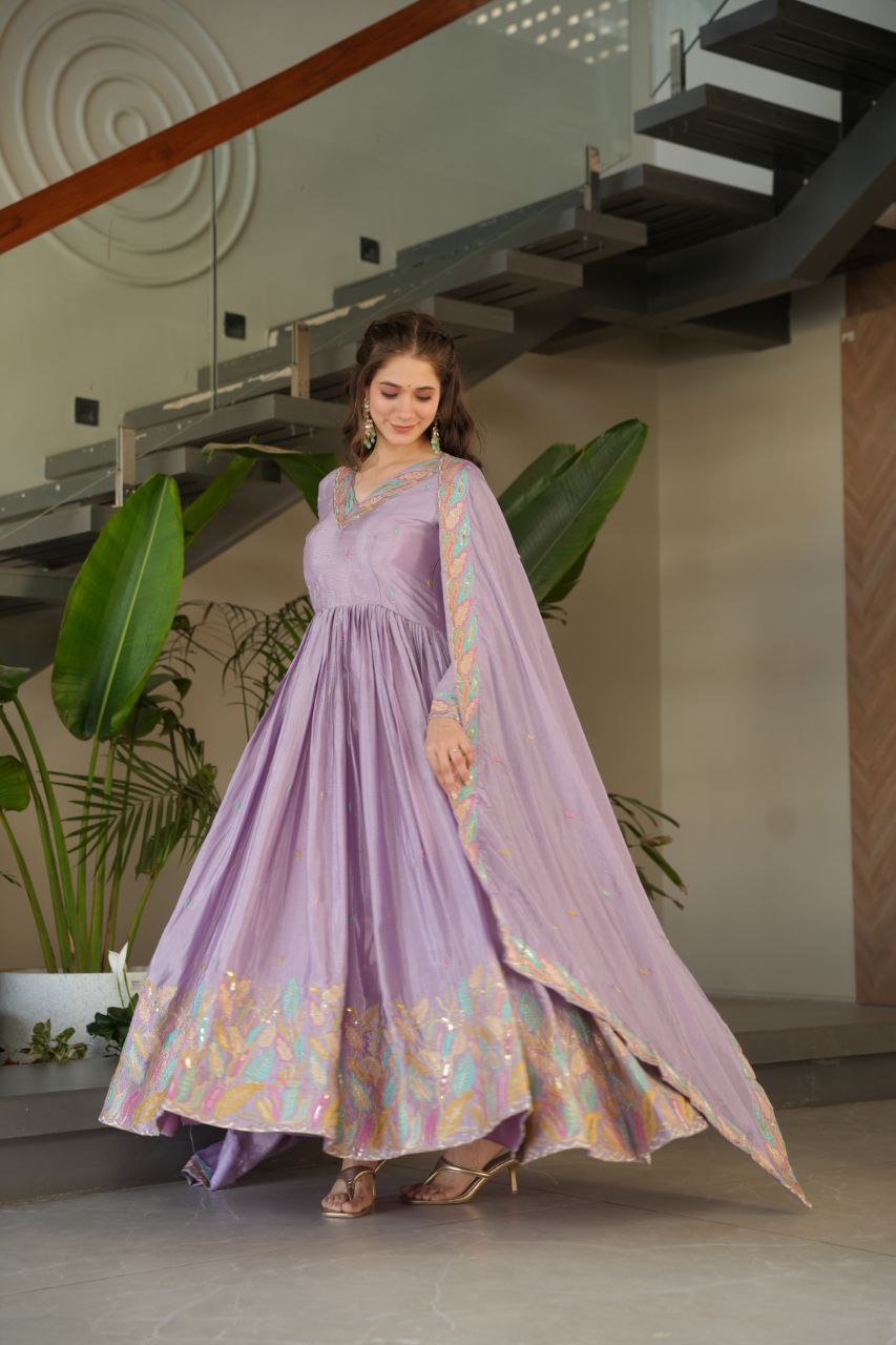 Designer Lavender Color Embroidered Work Wedding Wear Chinnon Gown Set with Dupatta