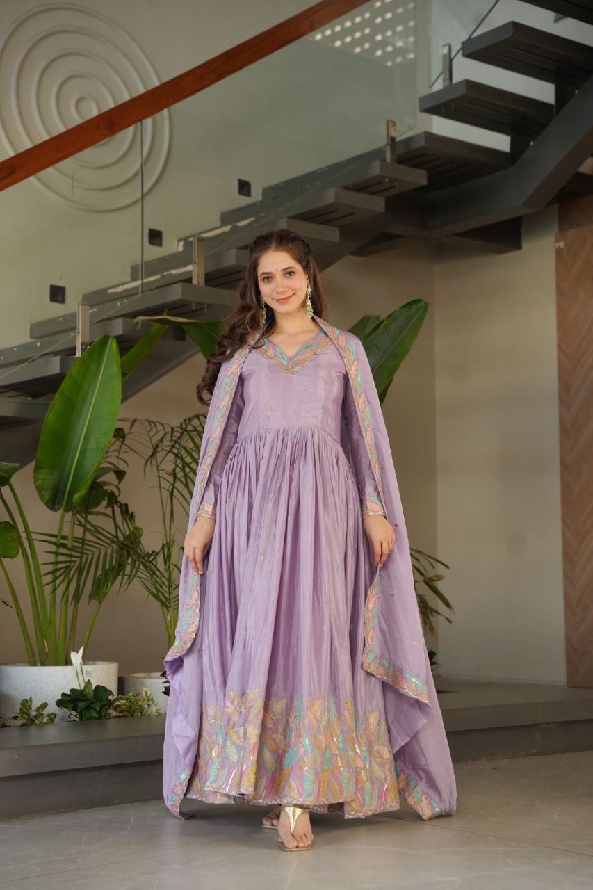 Designer Lavender Color Embroidered Work Wedding Wear Chinnon Gown Set with Dupatta