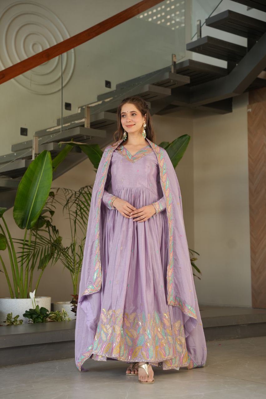 Designer Lavender Color Embroidered Work Wedding Wear Chinnon Gown Set with Dupatta