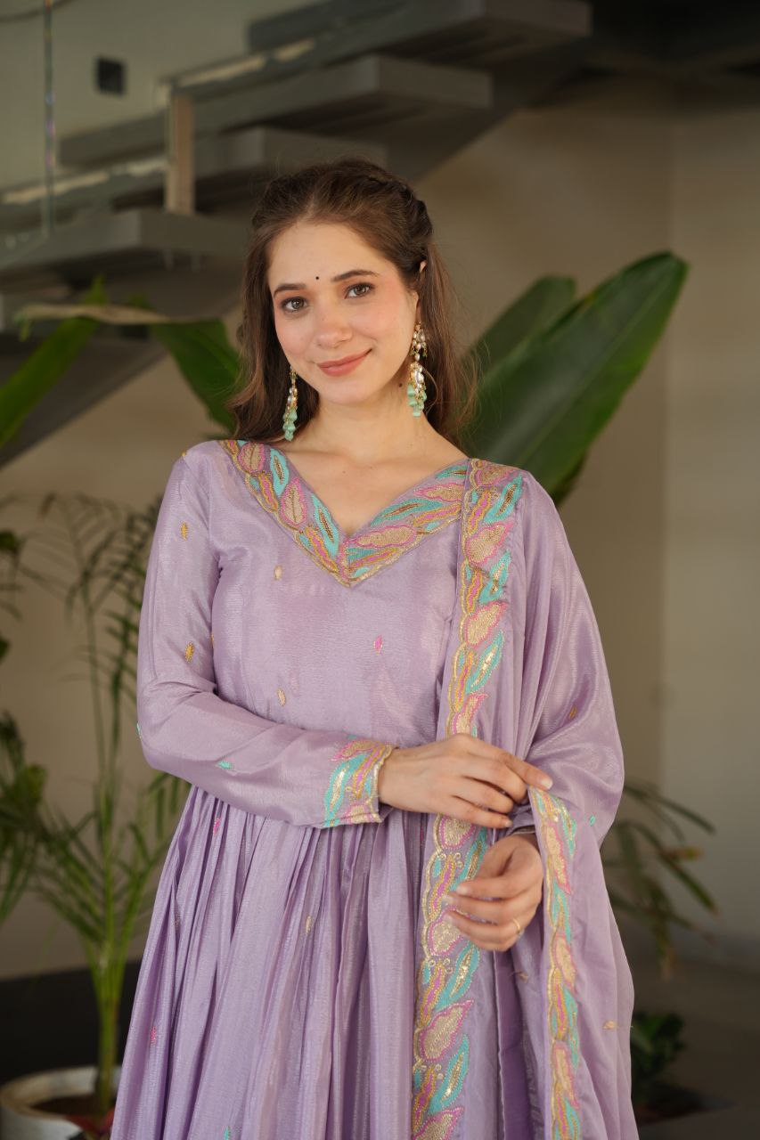 Designer Lavender Color Embroidered Work Wedding Wear Chinnon Gown Set with Dupatta