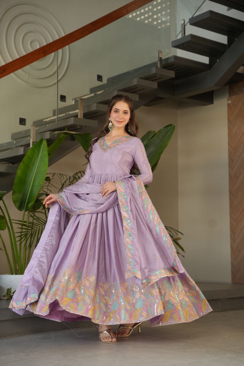 Designer Lavender Color Embroidered Work Wedding Wear Chinnon Gown Set with Dupatta