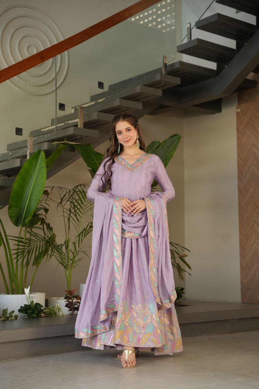 Designer Lavender Color Embroidered Work Wedding Wear Chinnon Gown Set with Dupatta