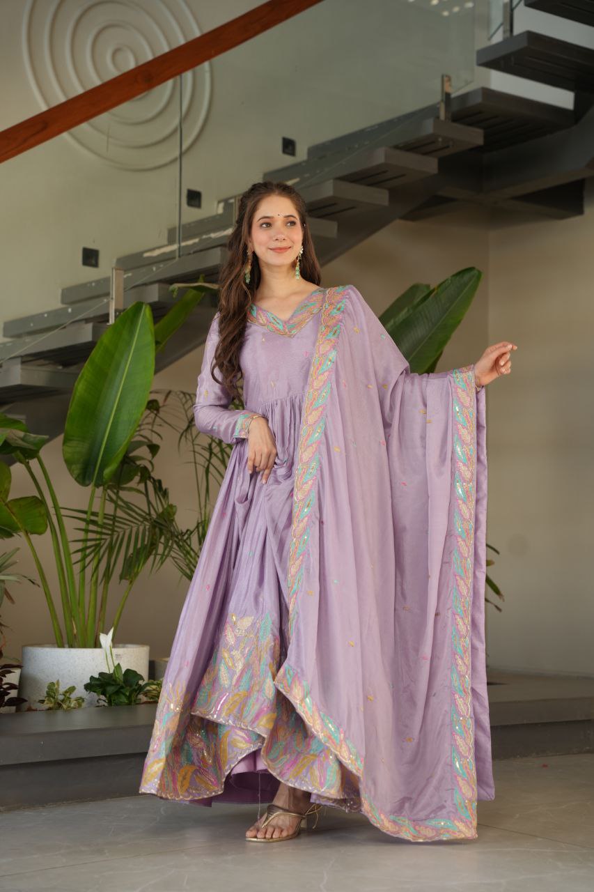 Designer Lavender Color Embroidered Work Wedding Wear Chinnon Gown Set with Dupatta