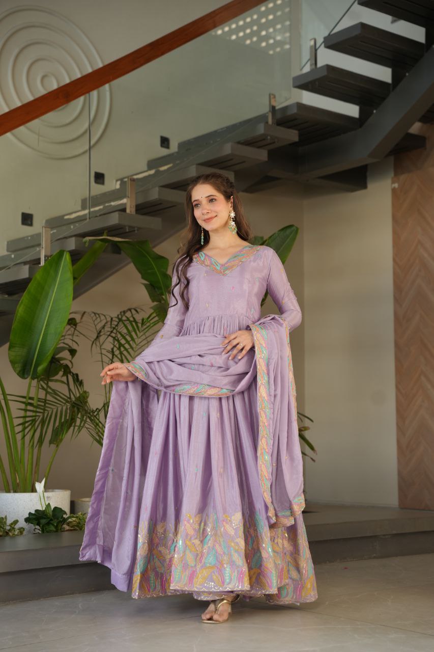 Designer Lavender Color Embroidered Work Wedding Wear Chinnon Gown Set with Dupatta