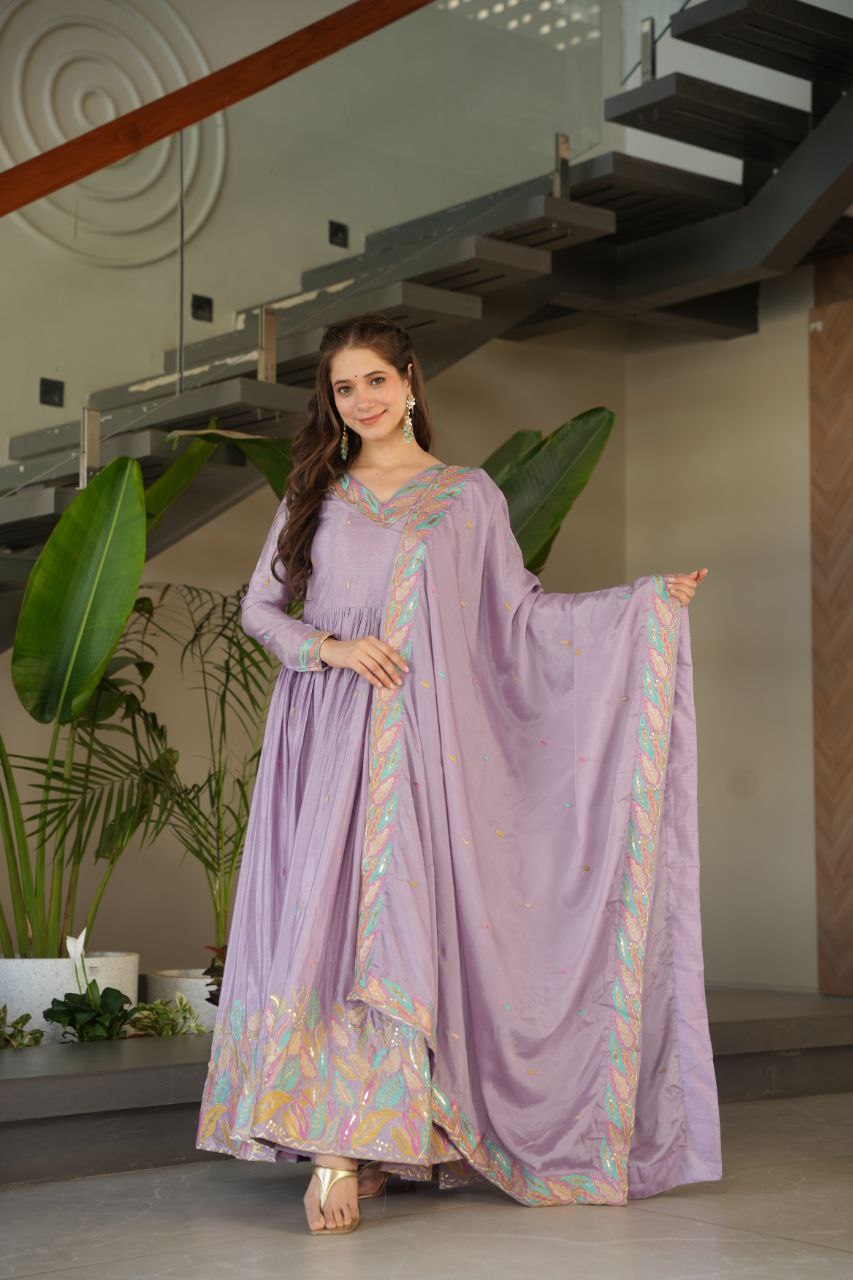 Designer Lavender Color Embroidered Work Wedding Wear Chinnon Gown Set with Dupatta
