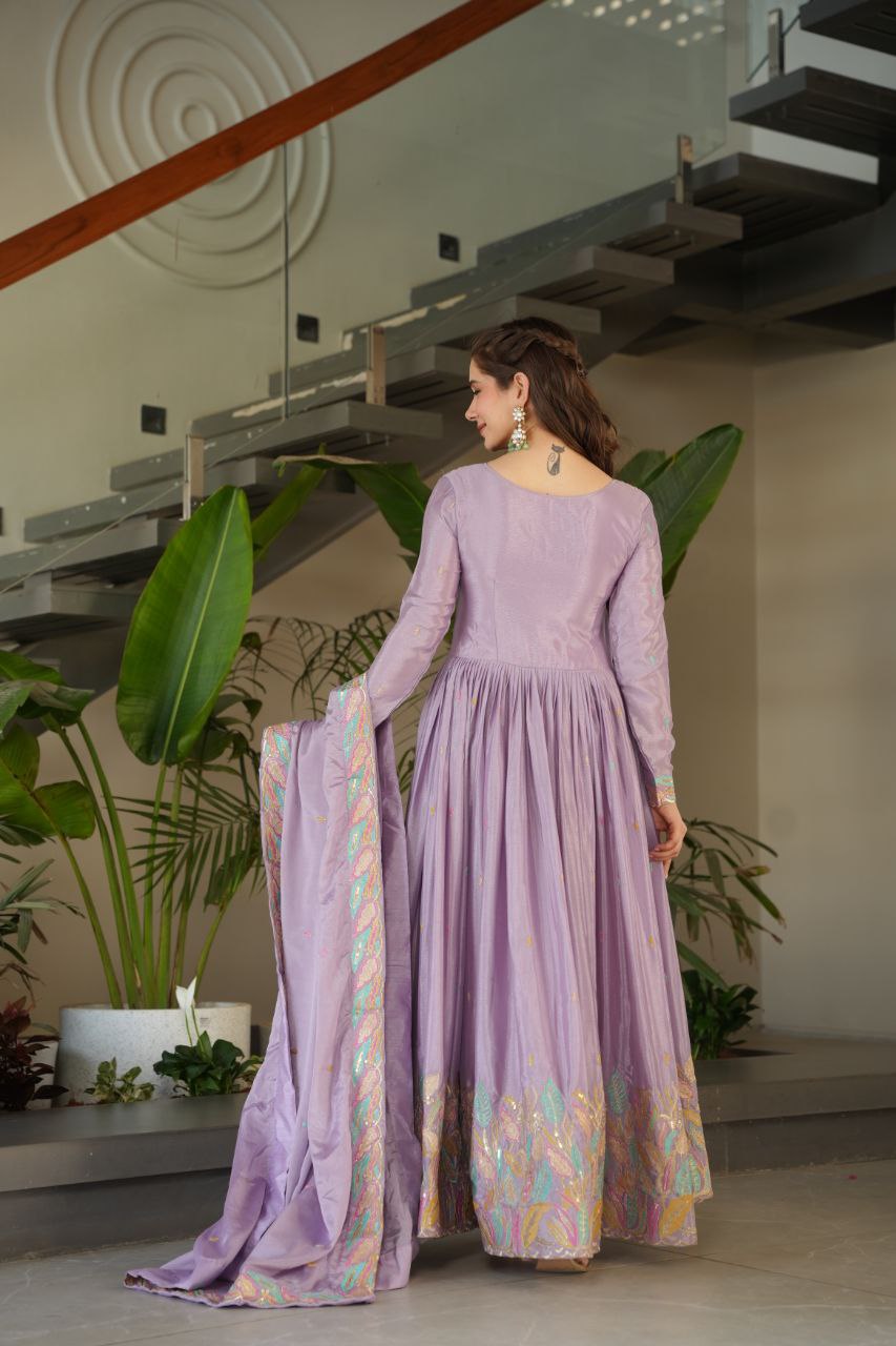 Designer Lavender Color Embroidered Work Wedding Wear Chinnon Gown Set with Dupatta