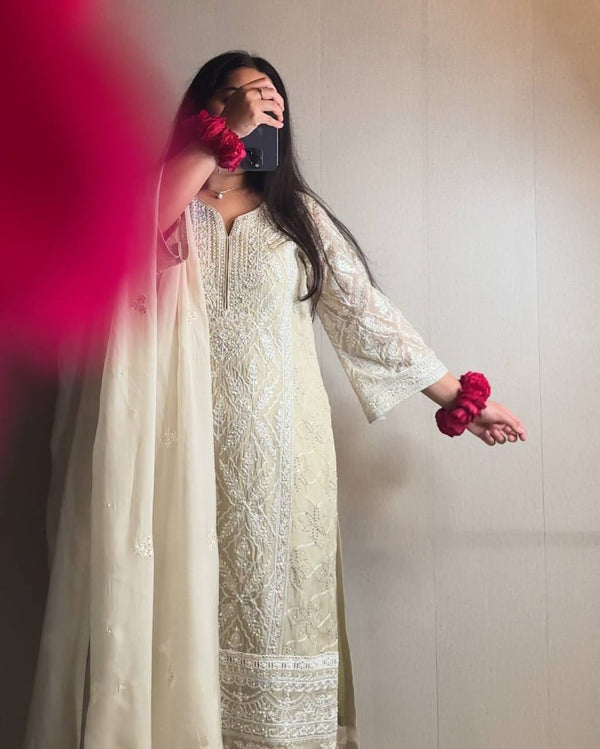 Festive Wear Off White Color Heavy Faux Georgette With Rich Embroidery Sequin Work Salwar Suit