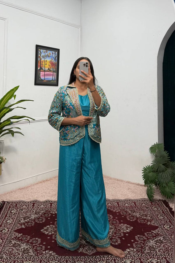 Fancy Teal Green Color Chinon With Full Embroidery With Moti Work Koti With Palazzo Set