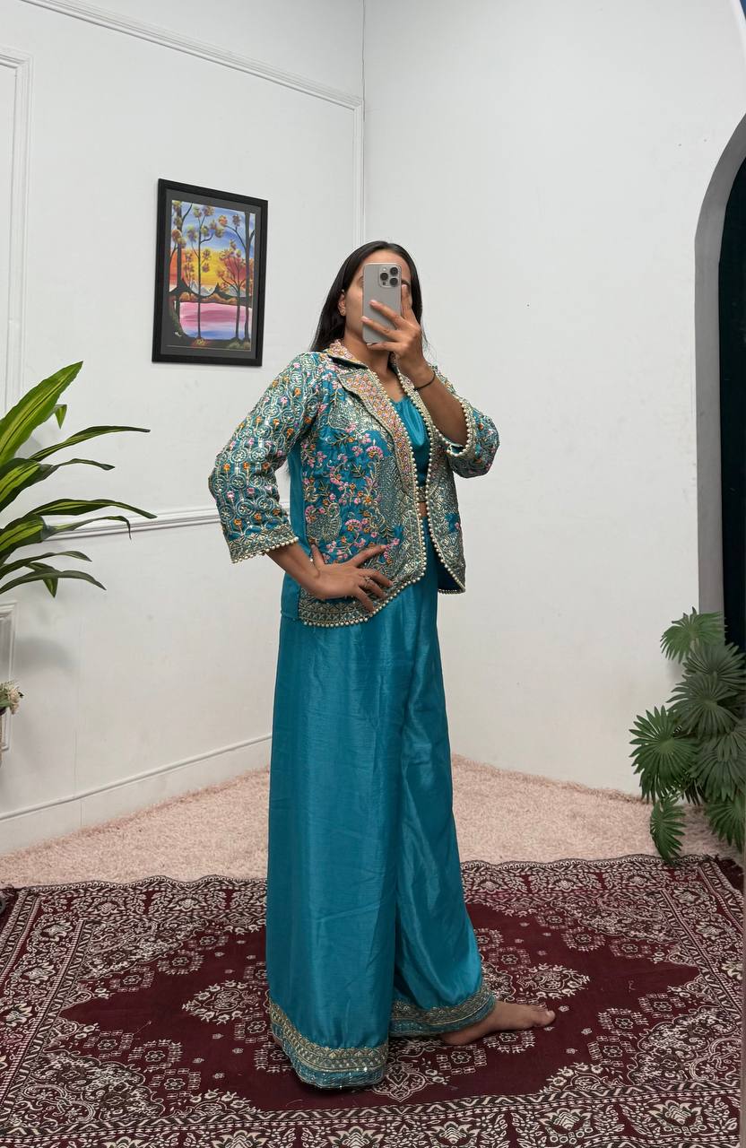 Fancy Teal Green Color Chinon With Full Embroidery With Moti Work Koti With Palazzo Set