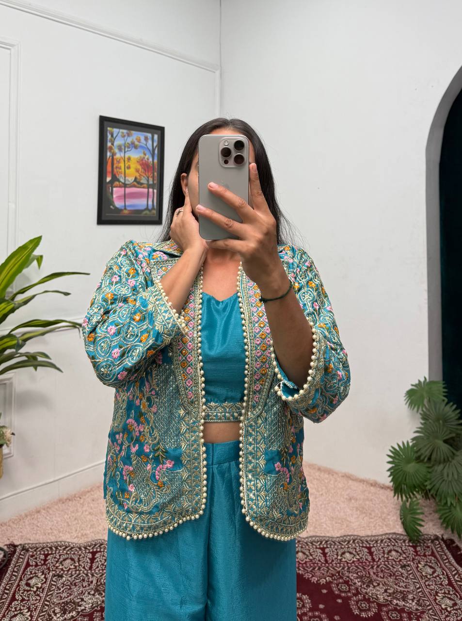 Fancy Teal Green Color Chinon With Full Embroidery With Moti Work Koti With Palazzo Set