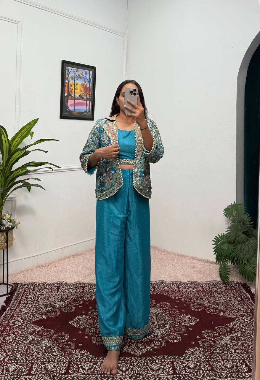 Fancy Teal Green Color Chinon With Full Embroidery With Moti Work Koti With Palazzo Set