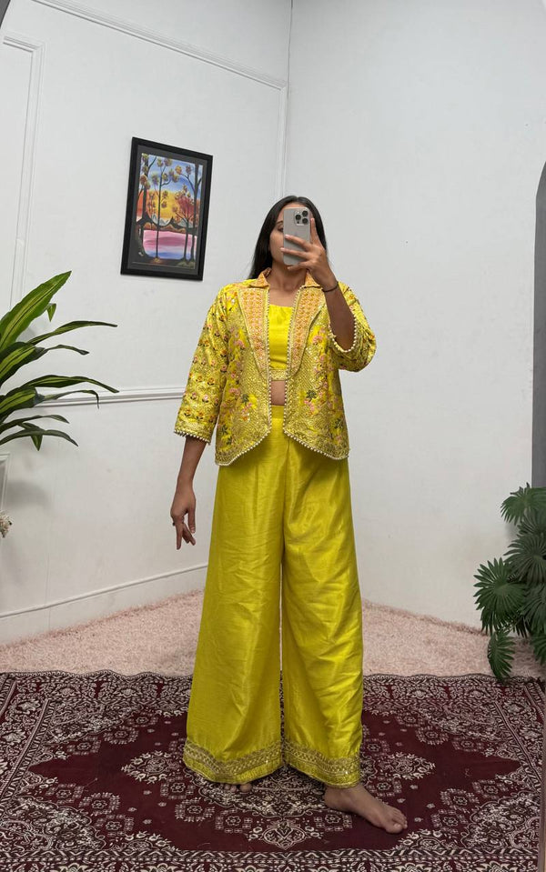Fancy Yellow Color Chinon With Full Embroidery With Moti Work Koti With Palazzo Set