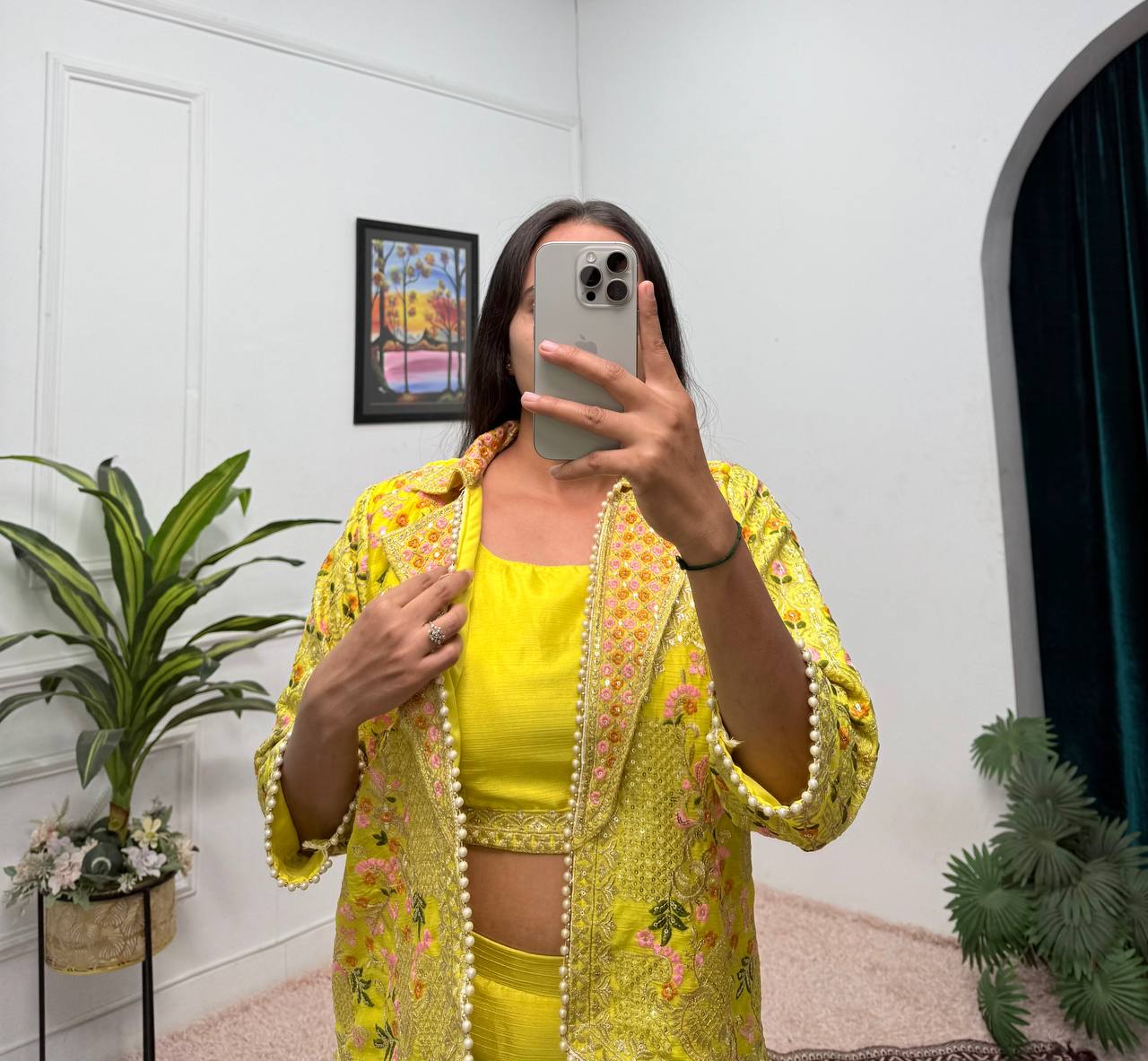 Fancy Yellow Color Chinon With Full Embroidery With Moti Work Koti With Palazzo Set