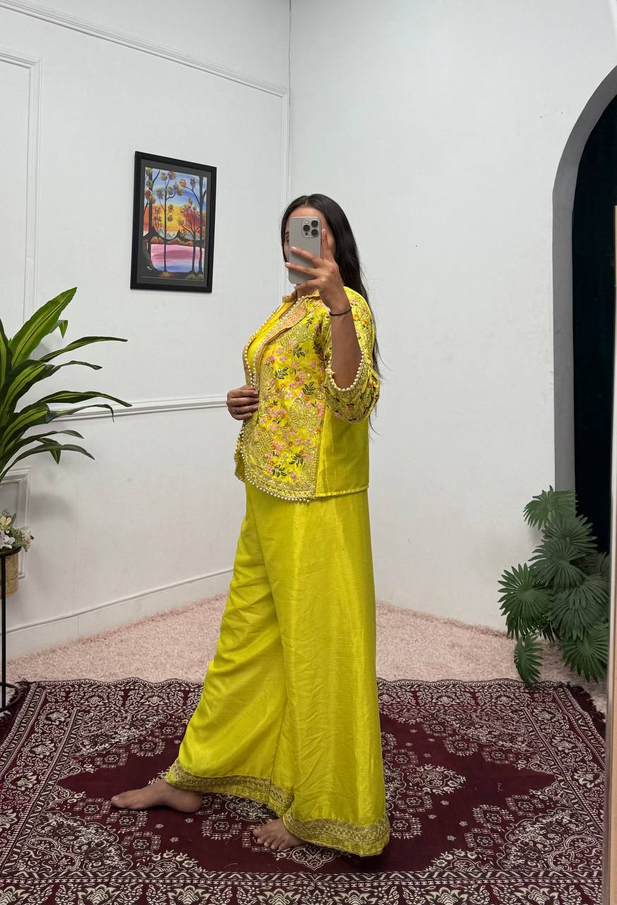 Fancy Yellow Color Chinon With Full Embroidery With Moti Work Koti With Palazzo Set