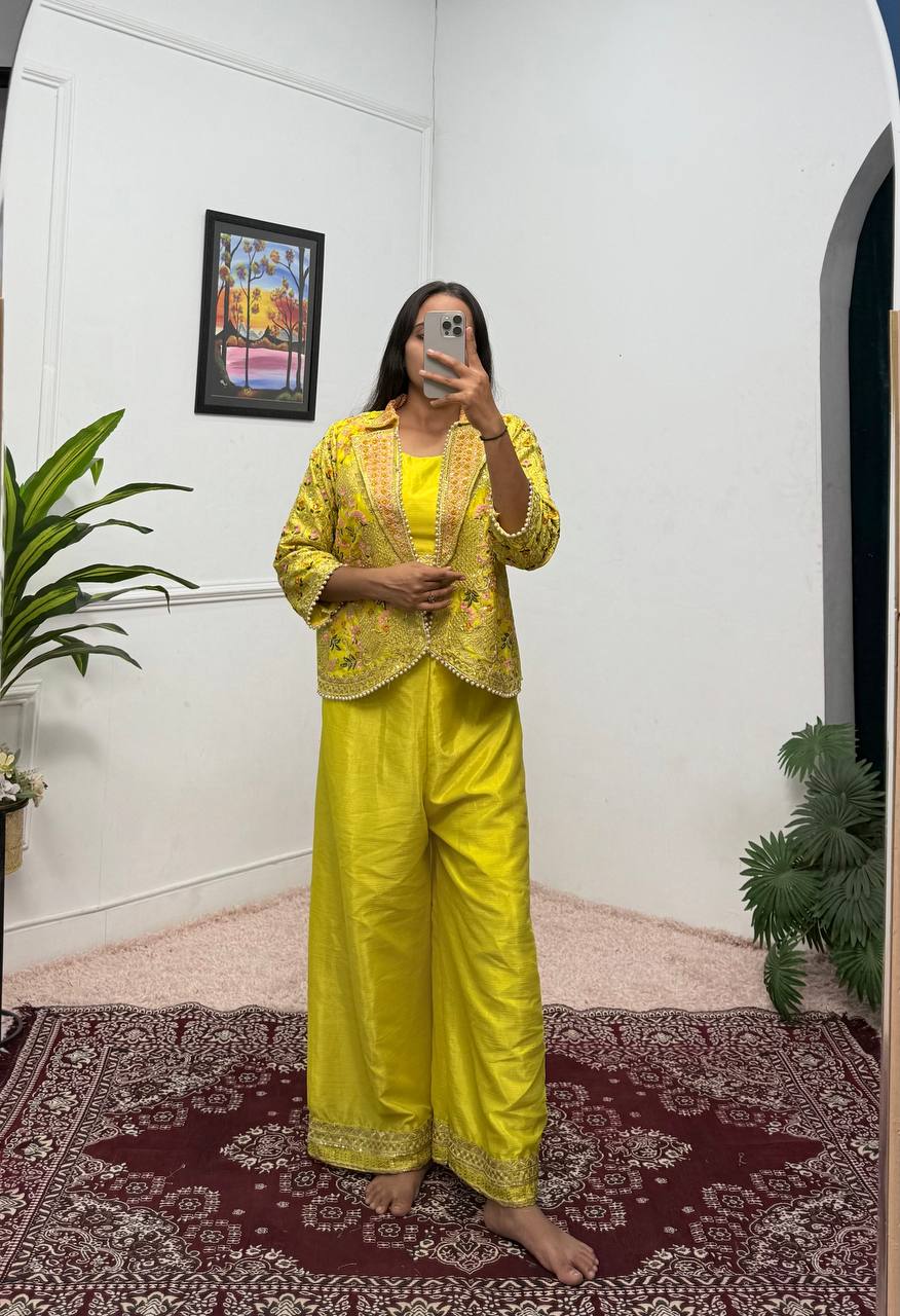 Fancy Yellow Color Chinon With Full Embroidery With Moti Work Koti With Palazzo Set