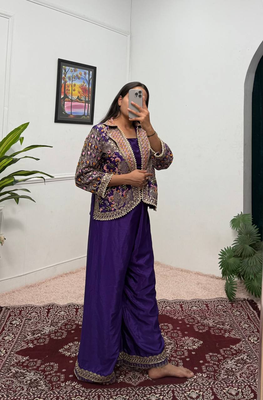 Fancy Blue Color Chinon With Full Embroidery With Moti Work Koti With Palazzo Set