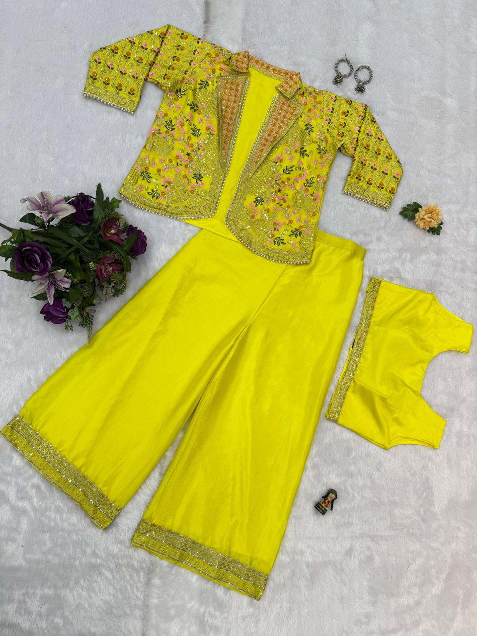 Fancy Yellow Color Chinon With Full Embroidery With Moti Work Koti With Palazzo Set