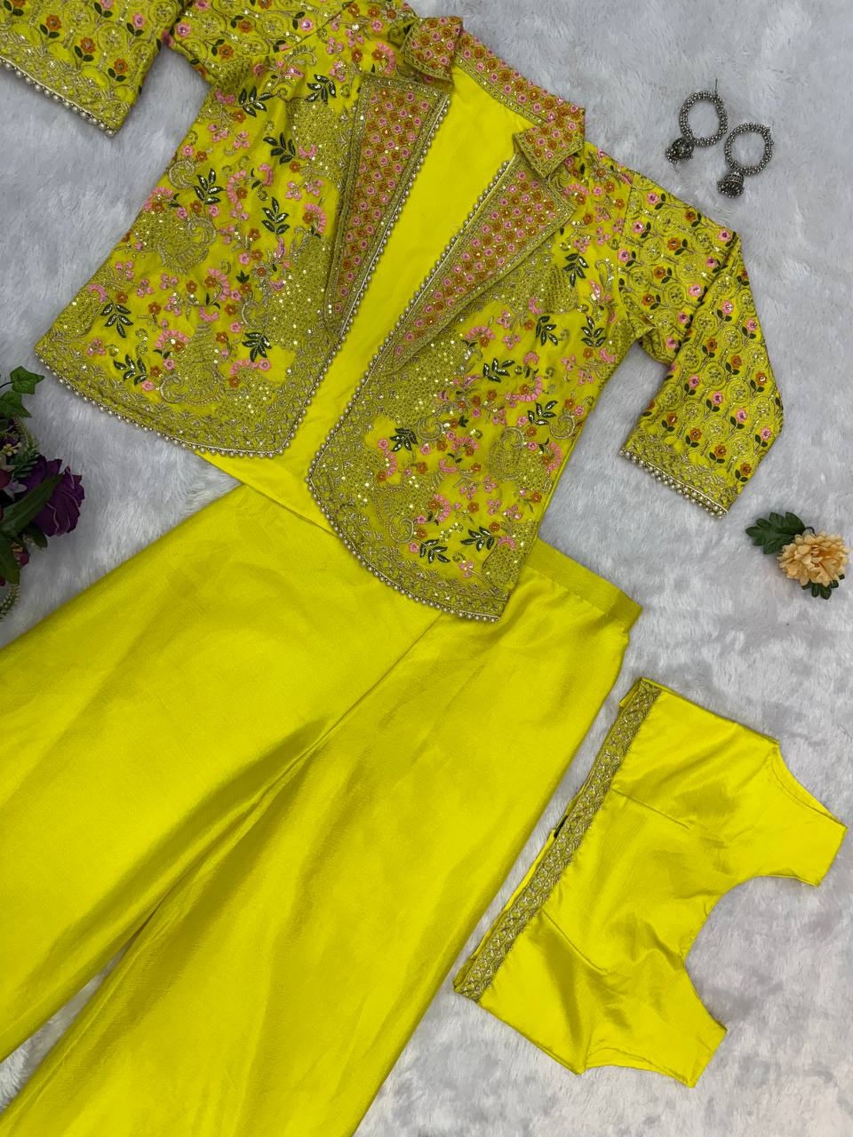 Fancy Yellow Color Chinon With Full Embroidery With Moti Work Koti With Palazzo Set