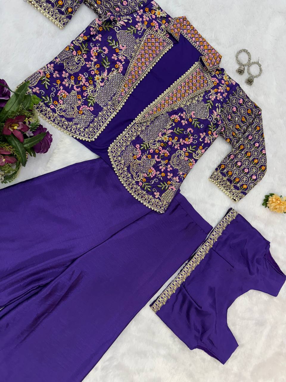 Fancy Blue Color Chinon With Full Embroidery With Moti Work Koti With Palazzo Set