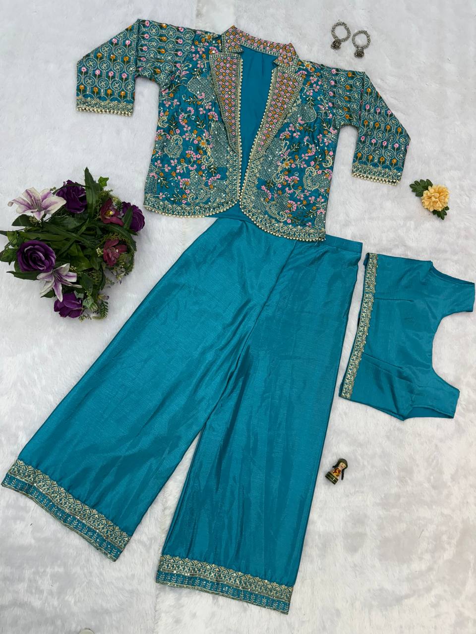 Fancy Teal Green Color Chinon With Full Embroidery With Moti Work Koti With Palazzo Set