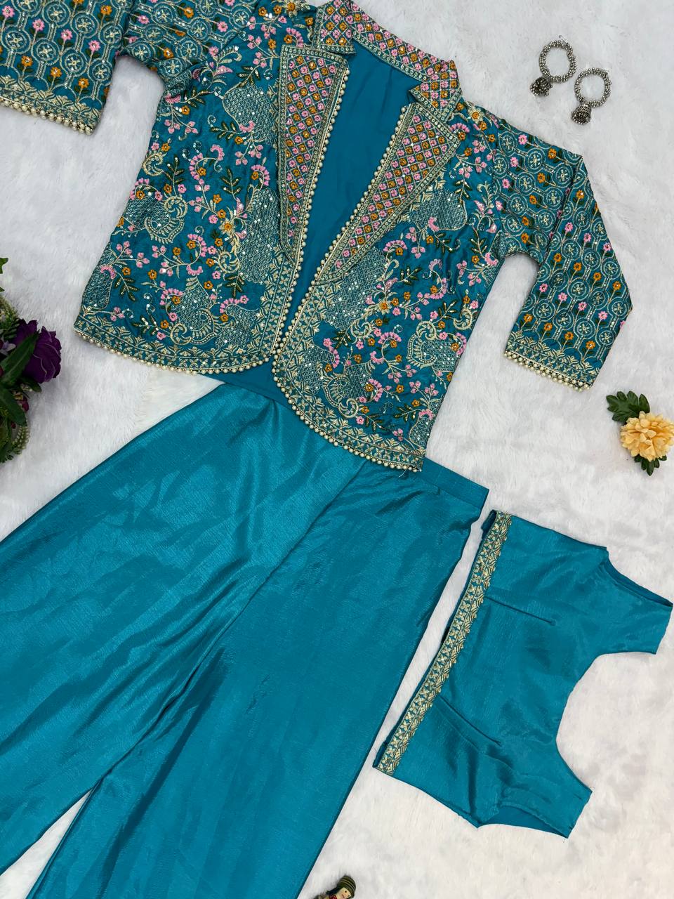Fancy Teal Green Color Chinon With Full Embroidery With Moti Work Koti With Palazzo Set