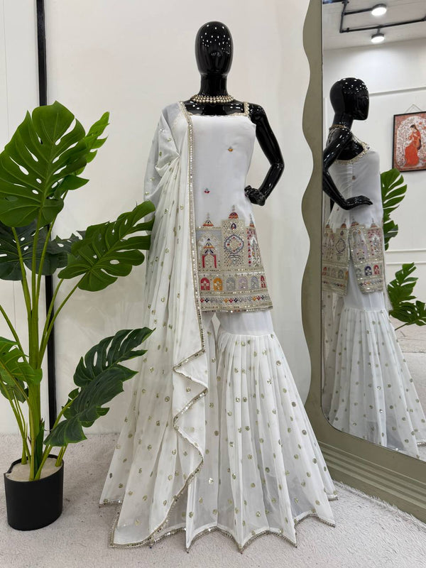 Party Wear White Color Faux Georgette Thread And Sequin With Coding Embroidery Work Sharara Suit