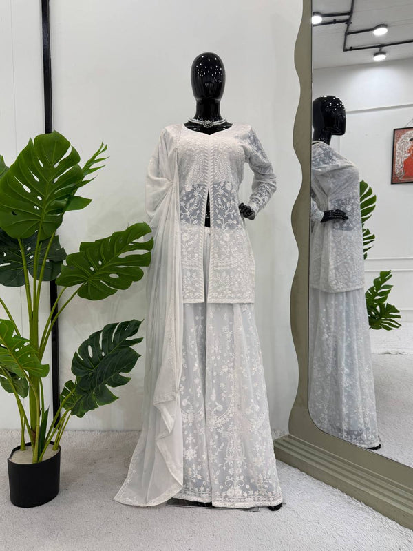 Function Wear White Color Soft Faux Georgette WIth Beautiful Thread Embroidery Work Palazzo Suit