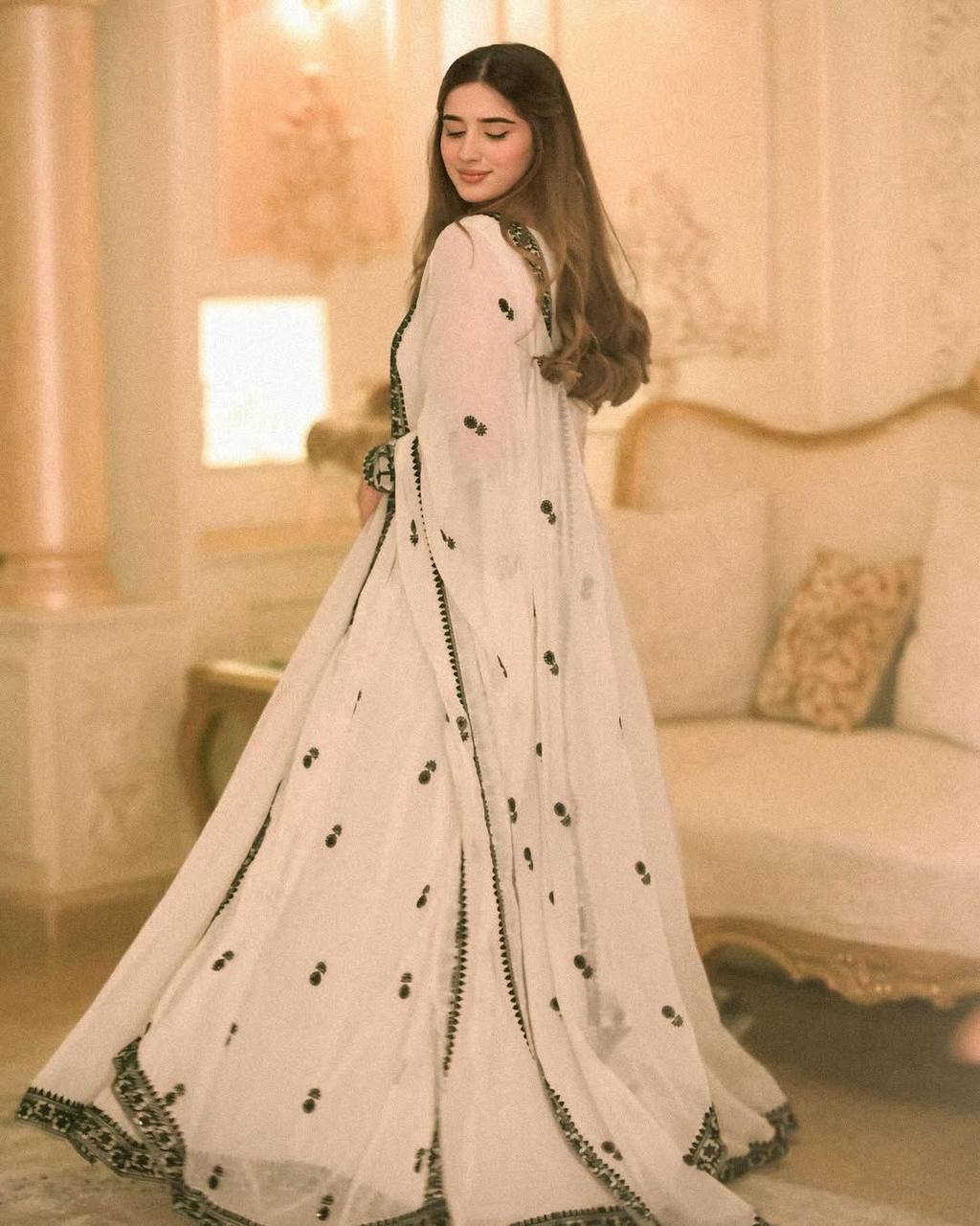 Elegant White Color Georgette Embroidered Gown with Matching Dupatta – Ready to Wear