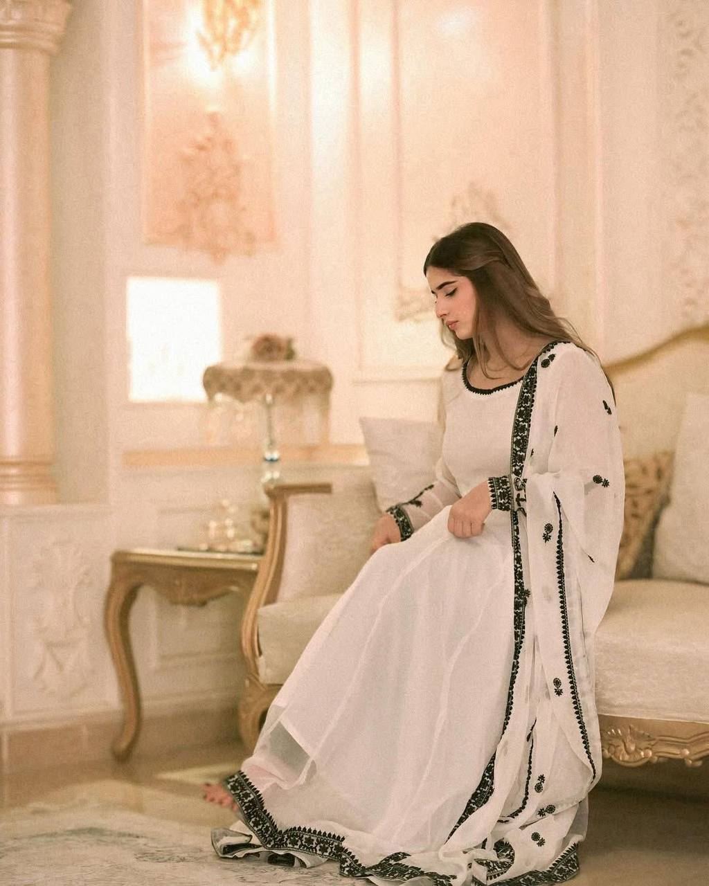 Elegant White Color Georgette Embroidered Gown with Matching Dupatta – Ready to Wear