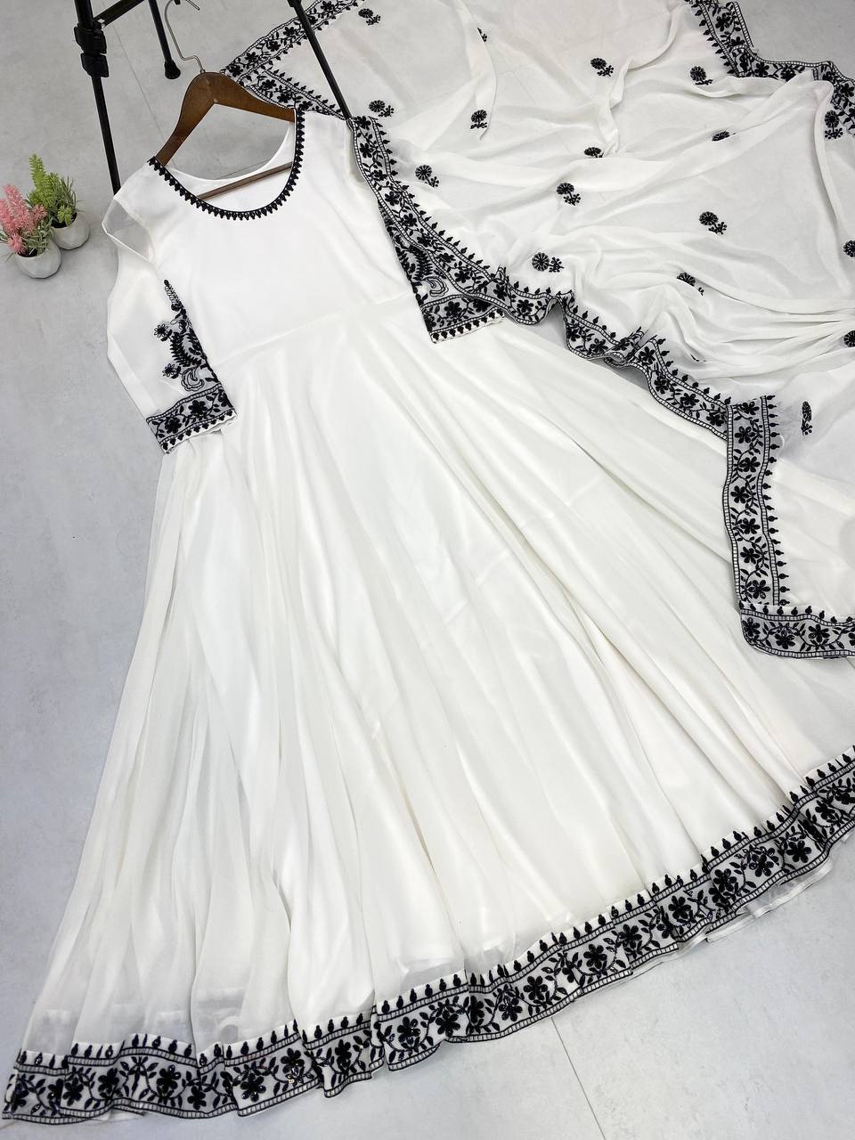 Elegant White Color Georgette Embroidered Gown with Matching Dupatta – Ready to Wear