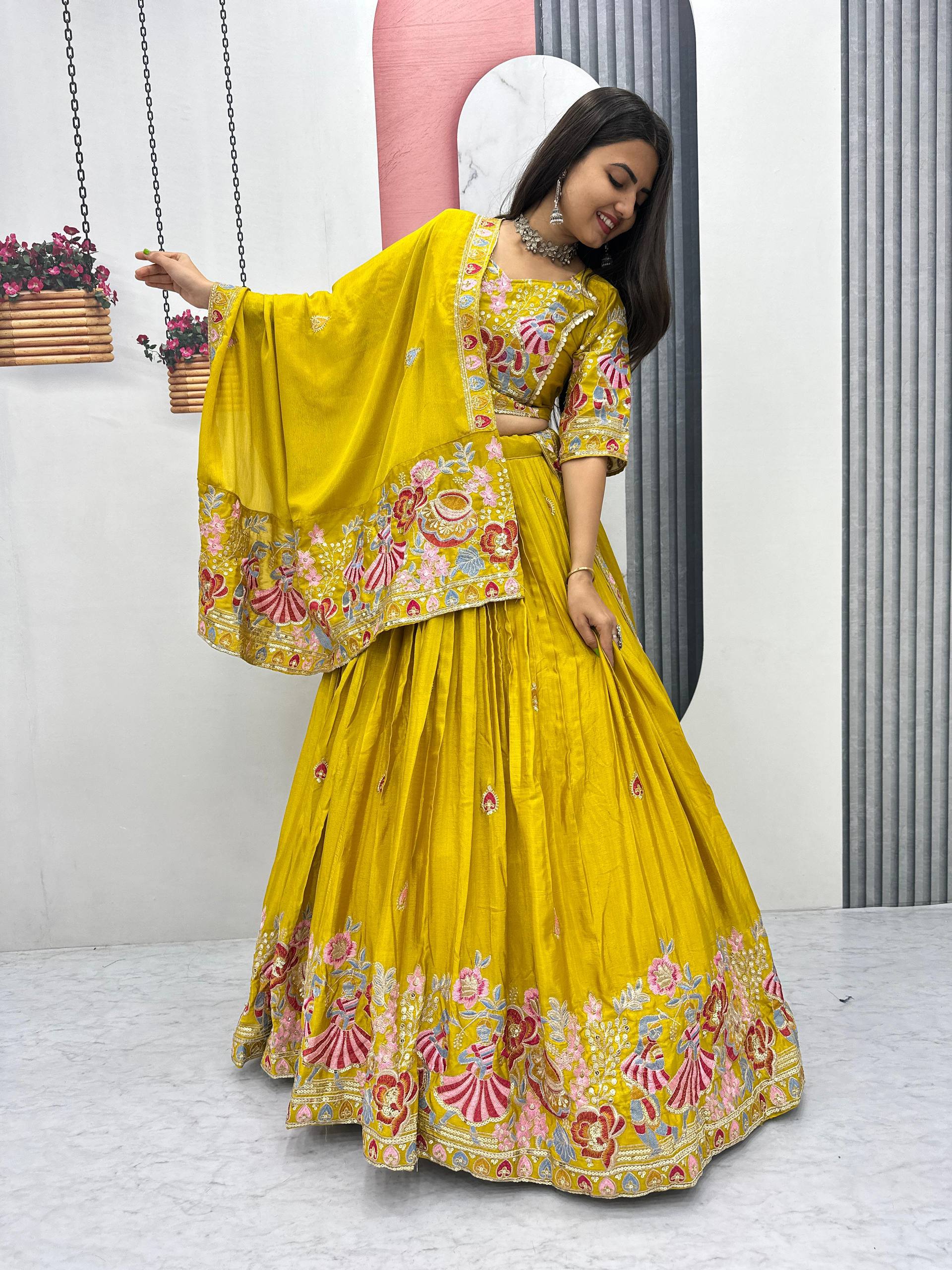 Haldi Special Wear Yellow Color Embroidery Lehenga Choli Set