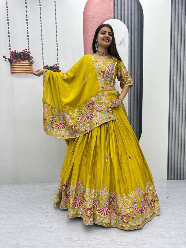 Haldi Special Wear Yellow Color Embroidery Lehenga Choli Set