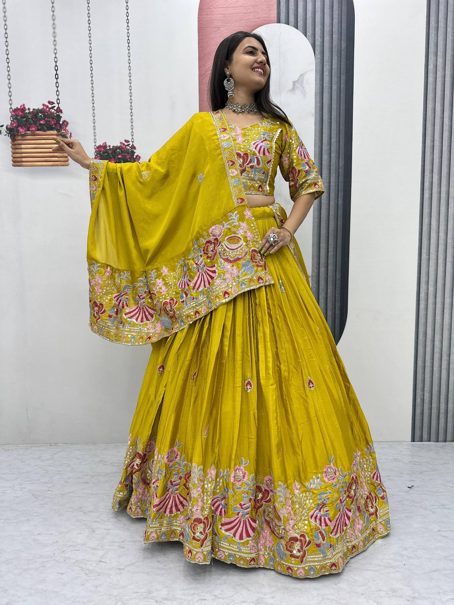 Haldi Special Wear Yellow Color Embroidery Lehenga Choli Set