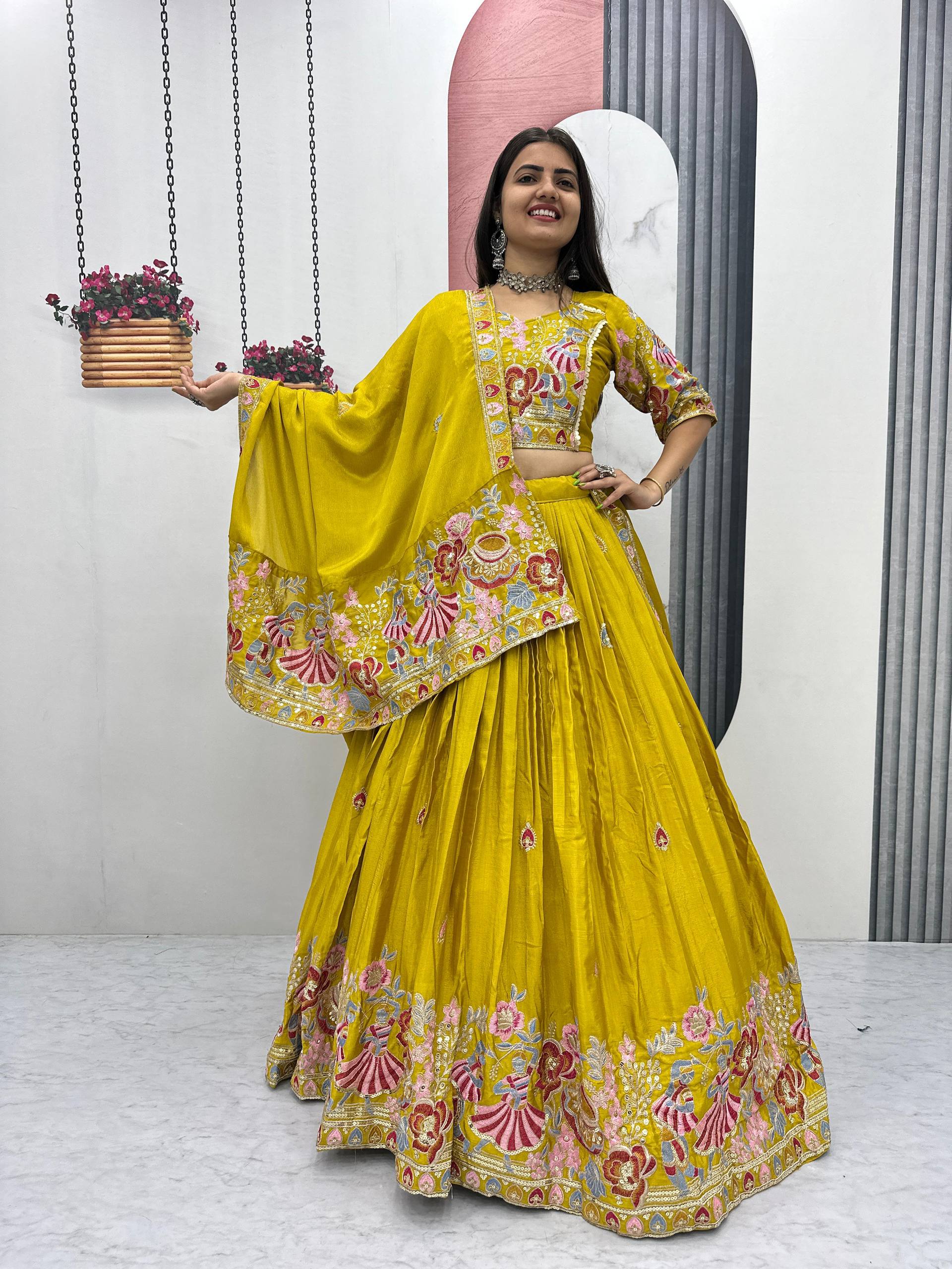 Haldi Special Wear Yellow Color Embroidery Lehenga Choli Set
