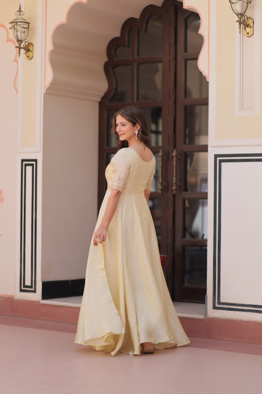 Premium Gold Crush Beige Color Handwork Gown – 8 Meter Flair, Fully Stitched Ready to Wear