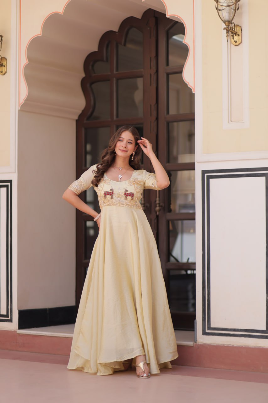 Premium Gold Crush Beige Color Handwork Gown – 8 Meter Flair, Fully Stitched Ready to Wear