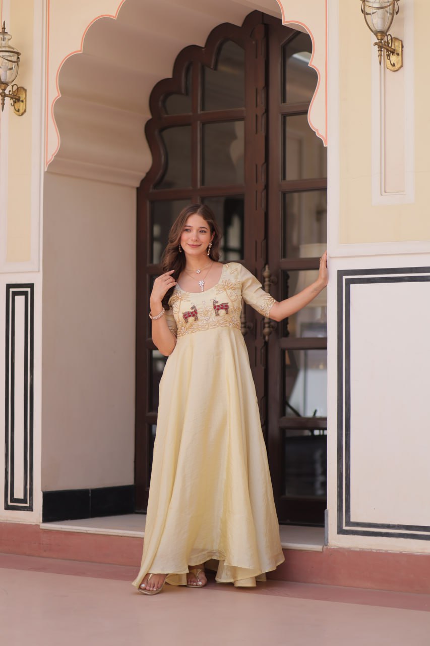Premium Gold Crush Beige Color Handwork Gown – 8 Meter Flair, Fully Stitched Ready to Wear