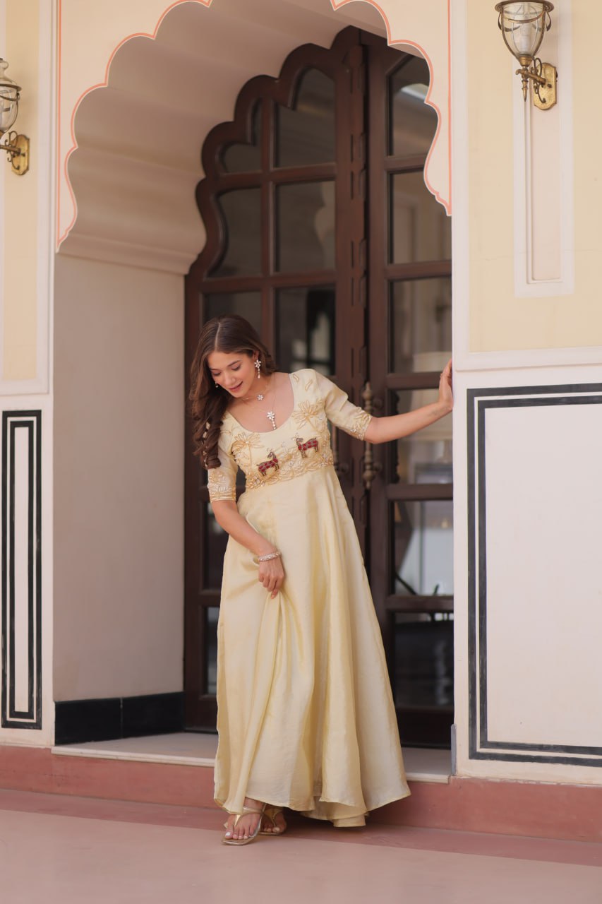 Premium Gold Crush Beige Color Handwork Gown – 8 Meter Flair, Fully Stitched Ready to Wear